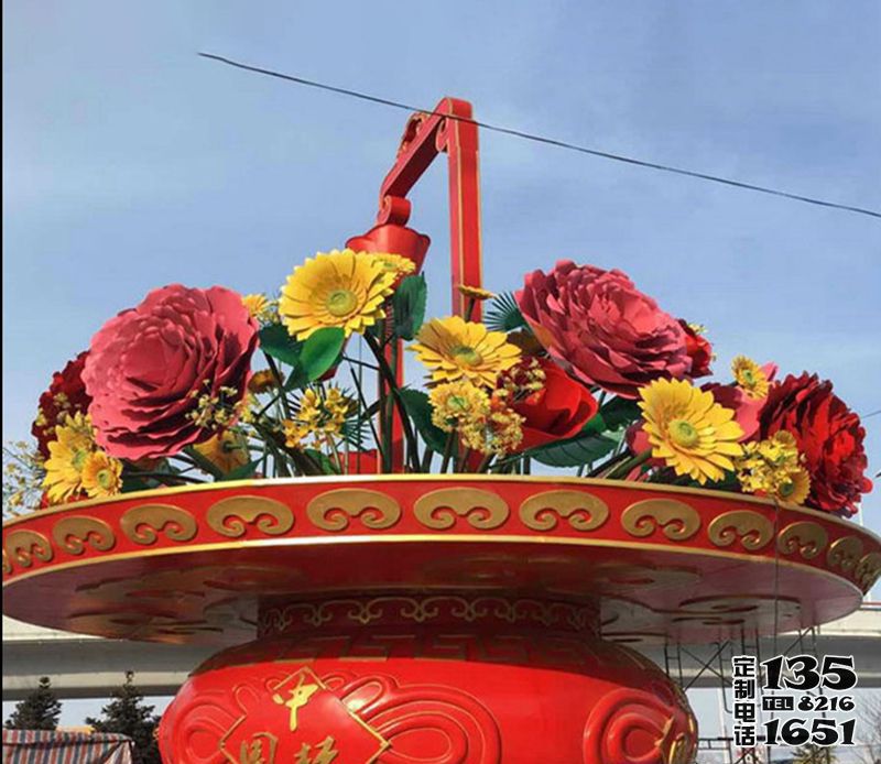廣場玻璃鋼彩繪仿真花朵大花籃雕塑 廣場玻璃鋼彩繪仿真花朵大花籃雕塑