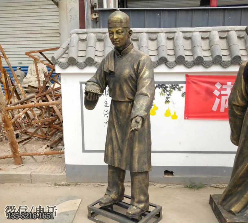 玻璃鋼仿銅古代迎賓店小二雕塑 玻璃鋼仿銅古代迎賓店小二雕塑